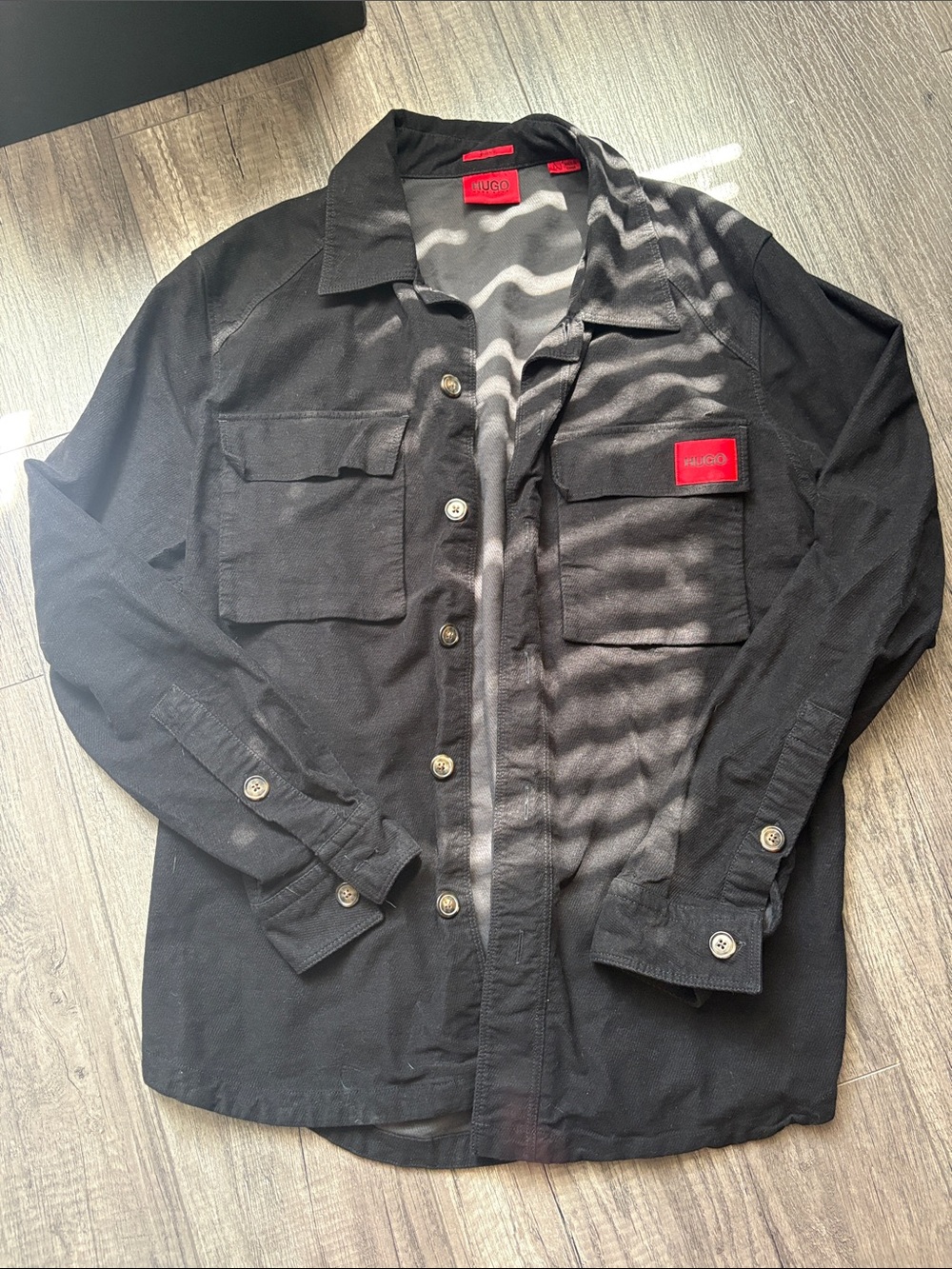 Hugo Boss Black Button-Front Shirt Jacket with Red Logo Patch